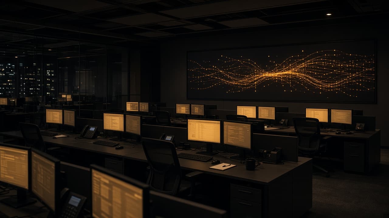 An operations floor at night with workstations and a wall display of amber data traces