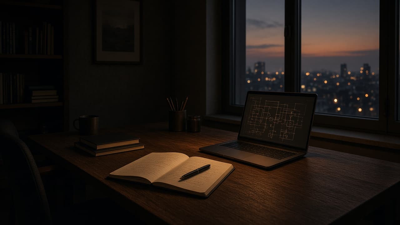 A quiet founder workspace at dusk with a notebook, laptop, and city lights beyond the window