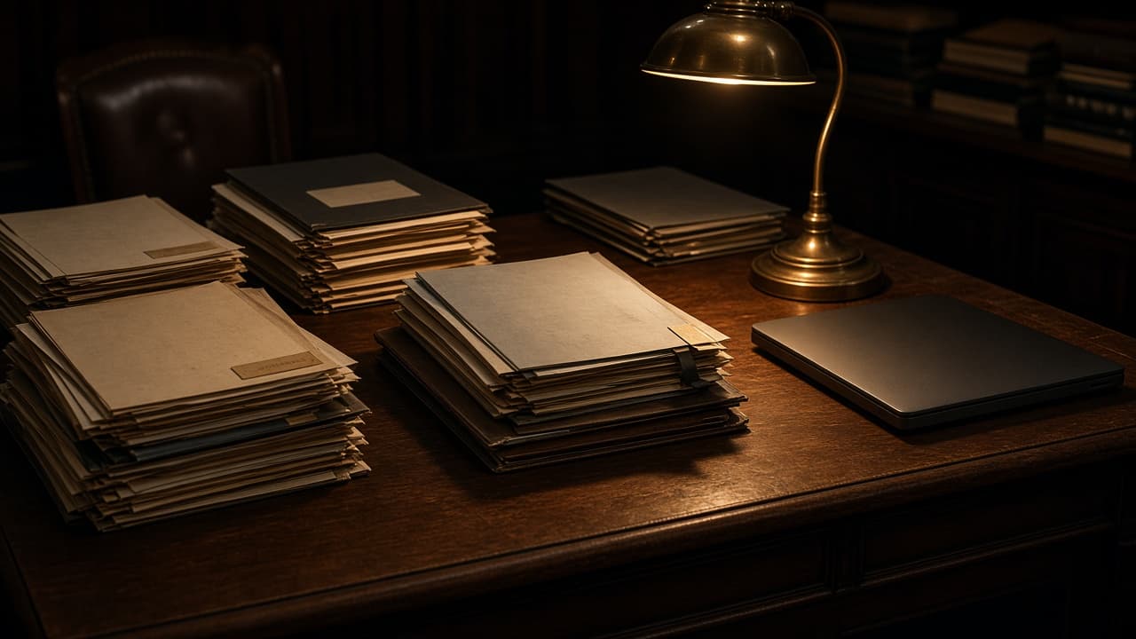 Document dossiers and a desk lamp on a dark institutional table, suggesting a governance review