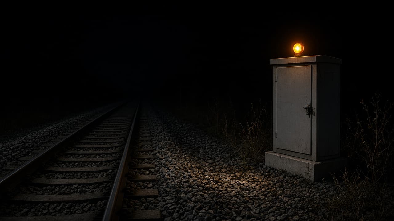 Night photograph of railway tracks beside a trackside sensor cabinet with an amber status lamp